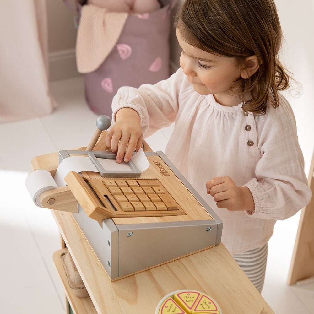 howa Spielkasse, aus Holz mit Taschenrechner und Spielgeld