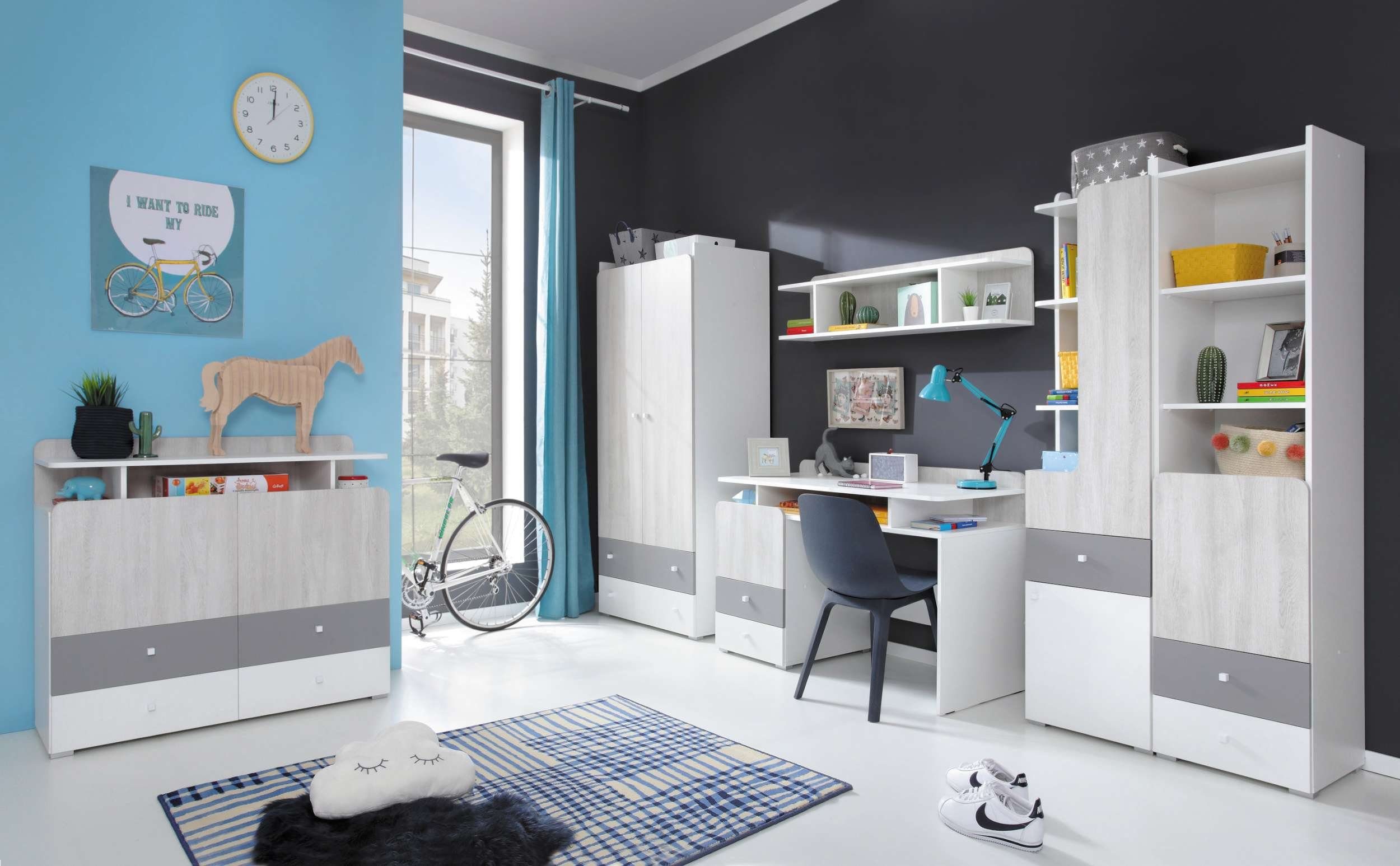 99rooms Kinderkleiderschrank Rono Weiß Hochglanz Eiche Wilton Weiss Grau (Kinderschrank, Mehrzweckschrank) mit 5 Fächern und Schublade, Spanplatte, viel Stauraum, FSC-Zertifizierung, Modern Design