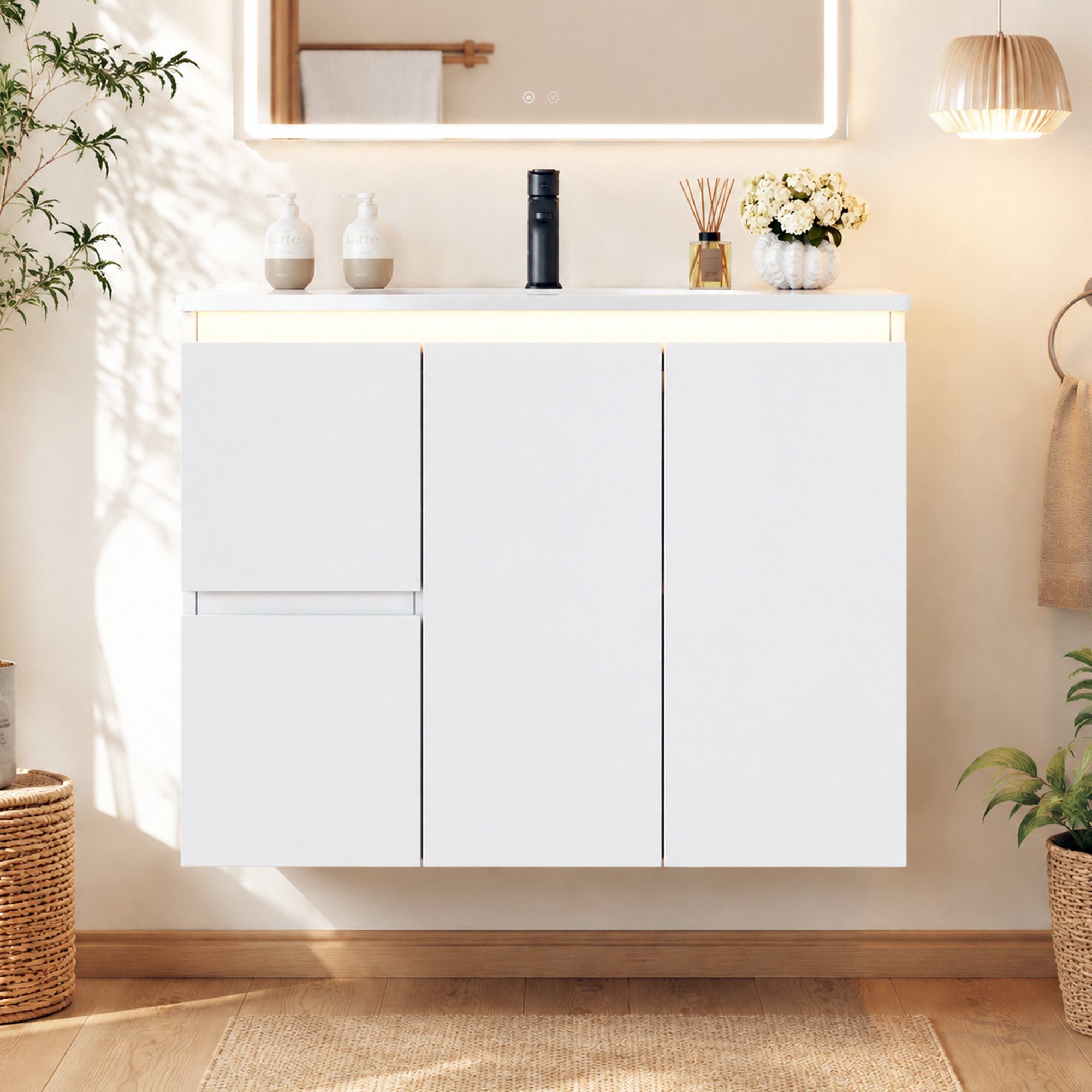 Flieks Waschtisch mit LED-Radarsensor Waschbeckenunterschrank inkl. Waschbecken (wandhängend, Badschrank mit verstellbarer Ablagen, Led-Beleuchtung, Soft-Close-Funktion, 1-St., B76/T47/H57 cm), Badmöbel Badezimmerschrank mit 2 Schubladen und Fächer Weiß