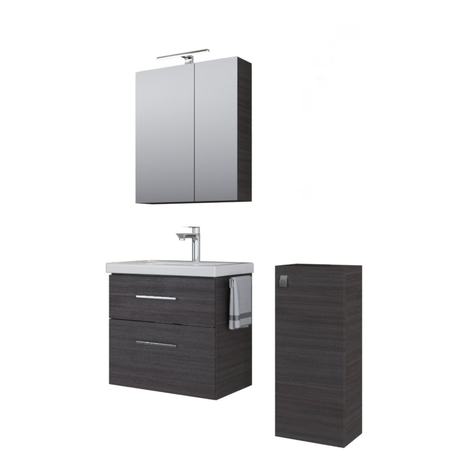 Planetmöbel Badezimmer-Set Badmöbel-Set mit Spiegelschrank 63cm und Midischrank Anthrazit