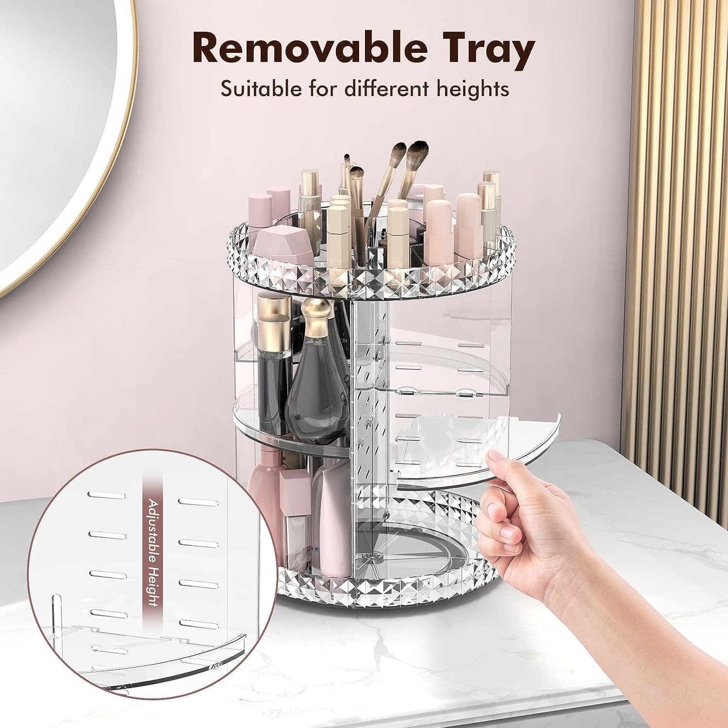Refined Living Organizer 360° Drehbarer Make-up-Organizer, Schminktisch-Organizer (verstellbarer und multifunktionaler Schminktisch-Organizer, Skincare-Organizer, Badezimmer-Aufbewahrung, Make-up-Regal, Kosmetikständer, mit Slot-Top, 1 St., transparenter Organizer, platzsparend Stabil, langlebig), großer Kapazität, Für Badezimmer, Schminktisch, Schlafzimmer