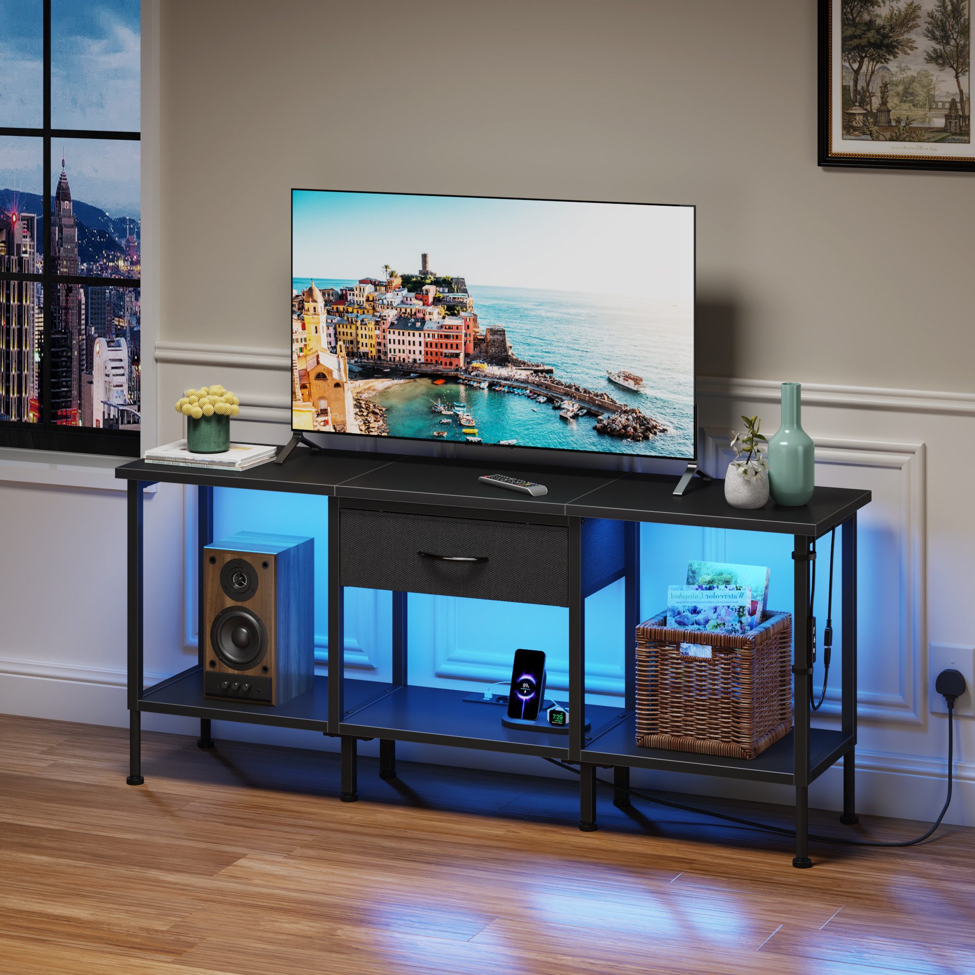 OYRREU TV-Board 120cm, Fernsehschrank mit Kabeldurchlass & Stauraum für Media-Geräte (App-gesteuerte Mehrfarben-LED-Beleuchtung, Fernsehtisch inkl. Kippschutz, USB Steckdosen, Ablagefach, Ausstellungsständer -Sets), Medienkonsole bis zu 65 Zoll, Lowboard mit offenen Fächern