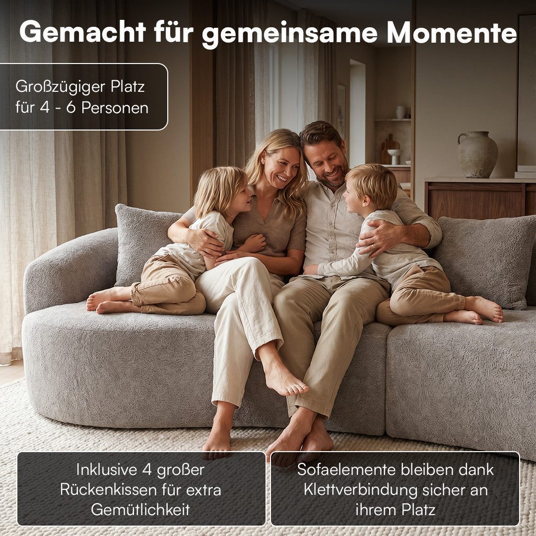 skølm Sofa Loki aus Teddy-Bouclé-Stoff, Vollschaumcouch mit Vakuum-Kompression, Grau, Couch 4 Sitzer mit 4 Kissen, kein Aufbau notwendig