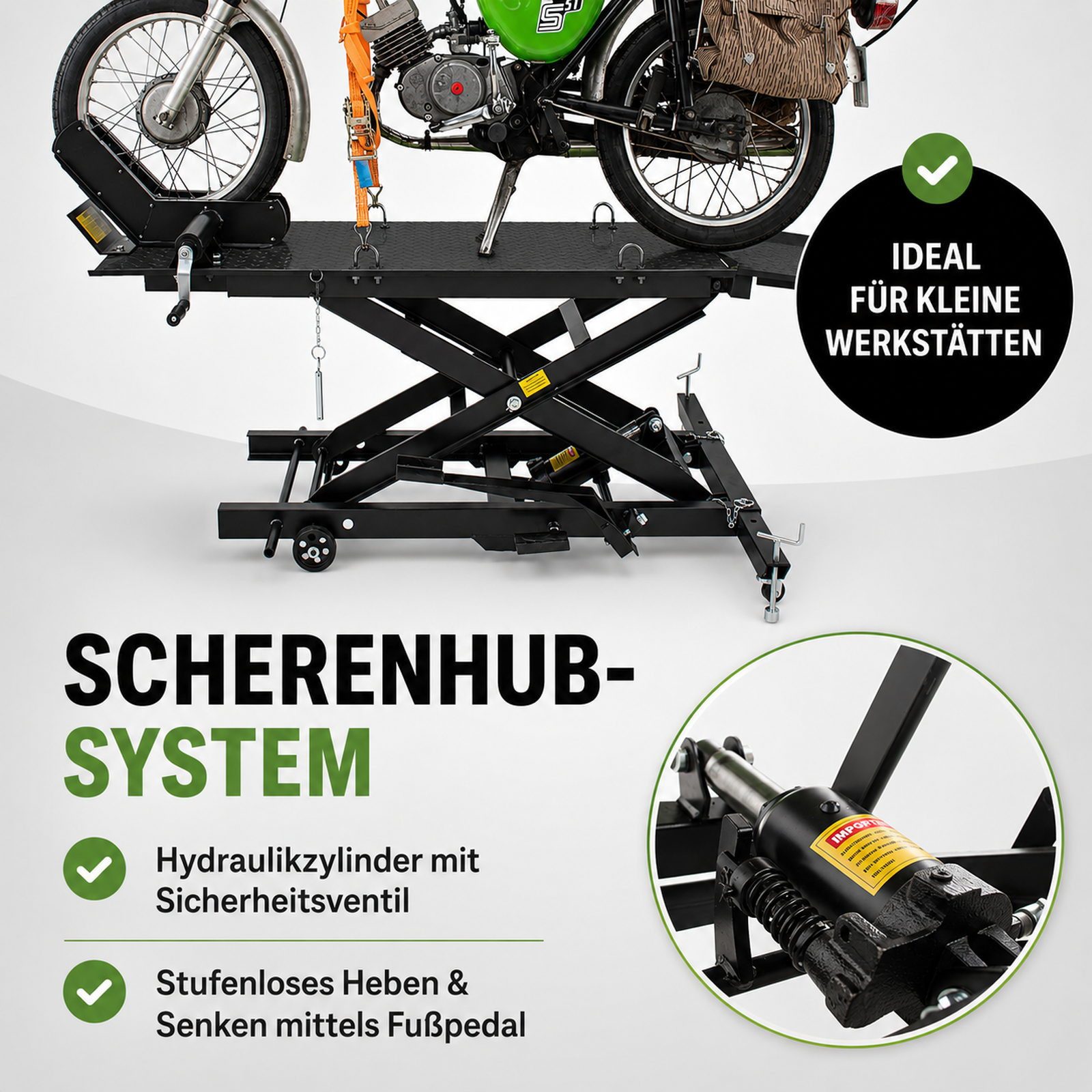 TRUTZHOLM Hydraulikheber Motorradhebebühne hydraulisch 360 kg Breite 50cm Motorradheber, Platzsparende Hebebühne, abnehmbare Auffahrrampe – Bild 4 von 5