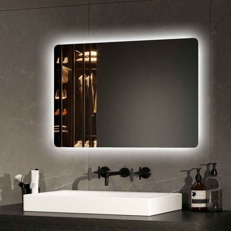 EMKE Дзеркало для ванної кімнати LED-Lichtspiegel Настінне дзеркало mit Beleuchtung und Beschlagfrei, 2 Farben des Lichts, Druckknopfschalter,Energiesparend,60 x40 cm