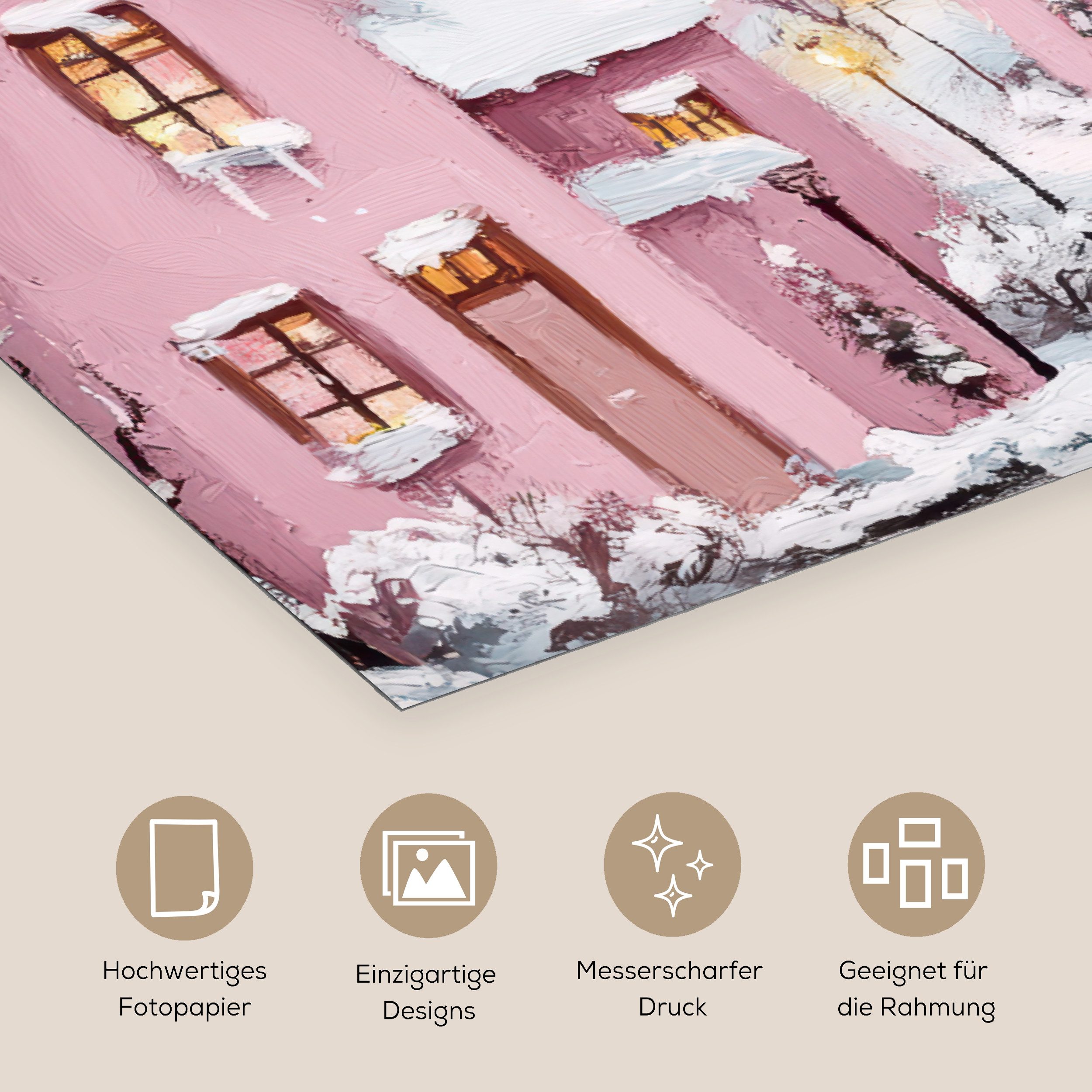 MuchoWow Poster Weihnachtsdorf - Rosa - Winter - Schnee - Häuser, (1 St), Poster ohne Rahmen, Wandbild, Wandposter, 30x20 cm