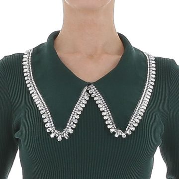 Ital-Design Strickkleid Damen Party & Clubwear Strass Stretch Strickoptik Minikleid in Grün