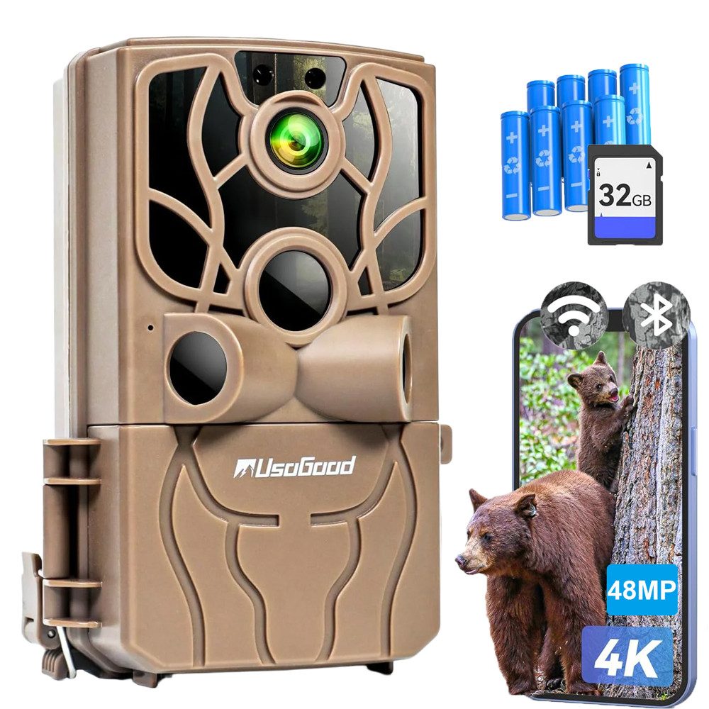 Usogood Wildkamera 4K 48MP Wildkamera mit Handyübertragung APP WLAN Bluetooth (AuBenbereich, Für Garten Haustierüberwachung, Spiele und Trail Outdoor -Sicherheit, AuBenbereich,Für Garten Haustierüberwachung, Spiele und Trail Outdoor -Sicherheit, 1-tlg., Jagdkamera mit Bewegungsmelder Nachtsicht 120° Weitwinke, Wildtierkamera 0,2S Auslösezeit WiFi Handyübertragung)