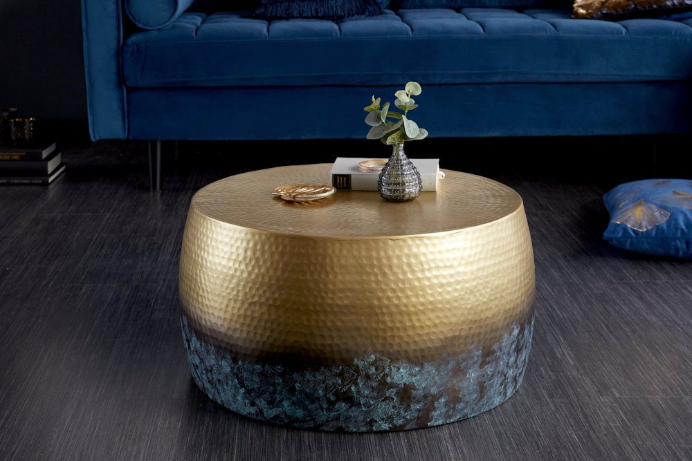 riess-ambiente Couchtisch ORIENT III Ø60cm gold / blau (Einzelartikel, 1-St), Wohnzimmer · rund · Metall mit Patina · Hammerschlag Design · handmade