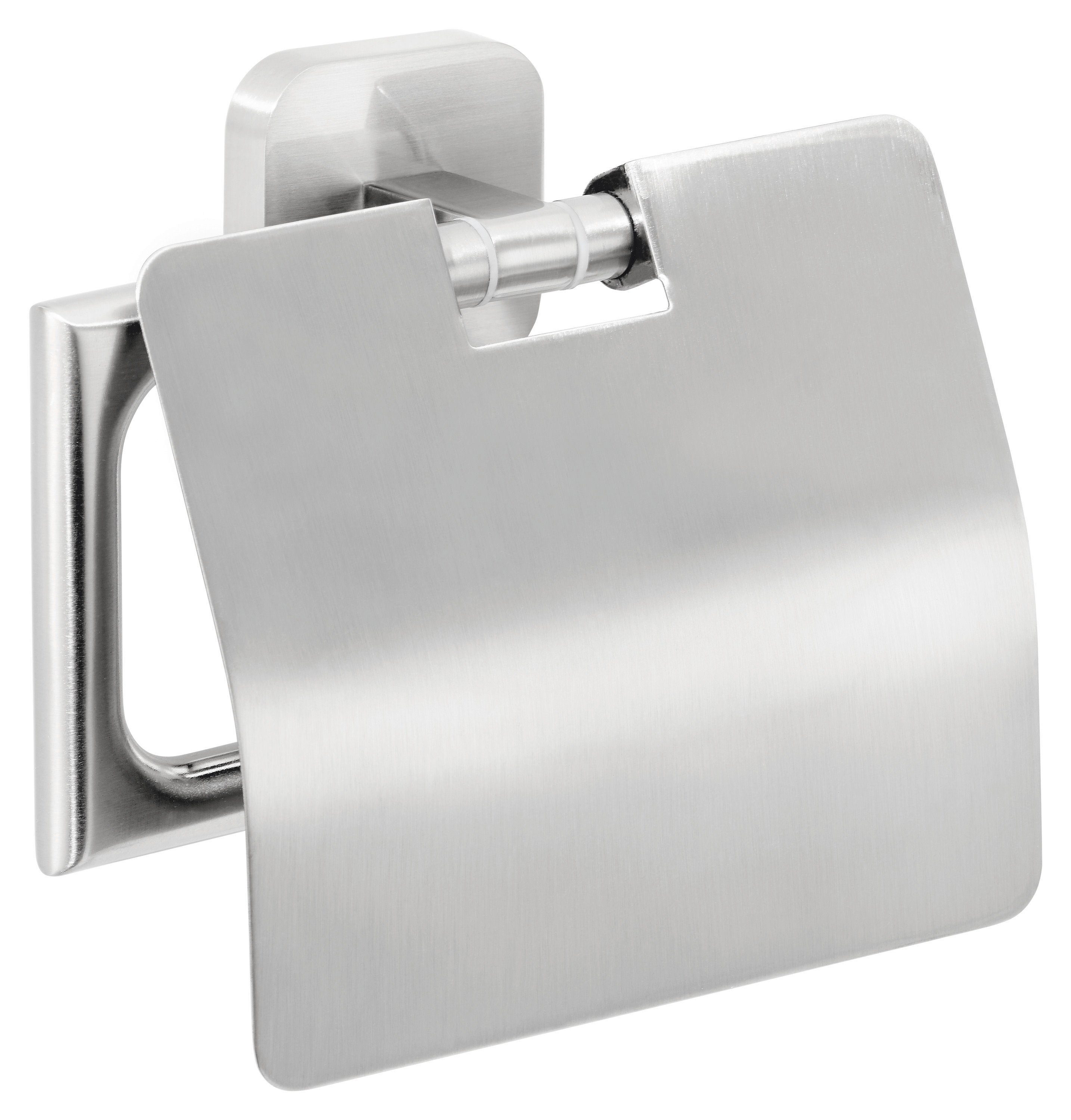 tesa Toilettenpapierhalter ESTEETIC Toilettenrollenhalter ohne Bohren - 13,1cm : 13,1cm : 4,7cm (Packung, 1-St., inkl. Klebelösung), selbstklebender WC-Rollenhalter - Edelstahl - silber matt