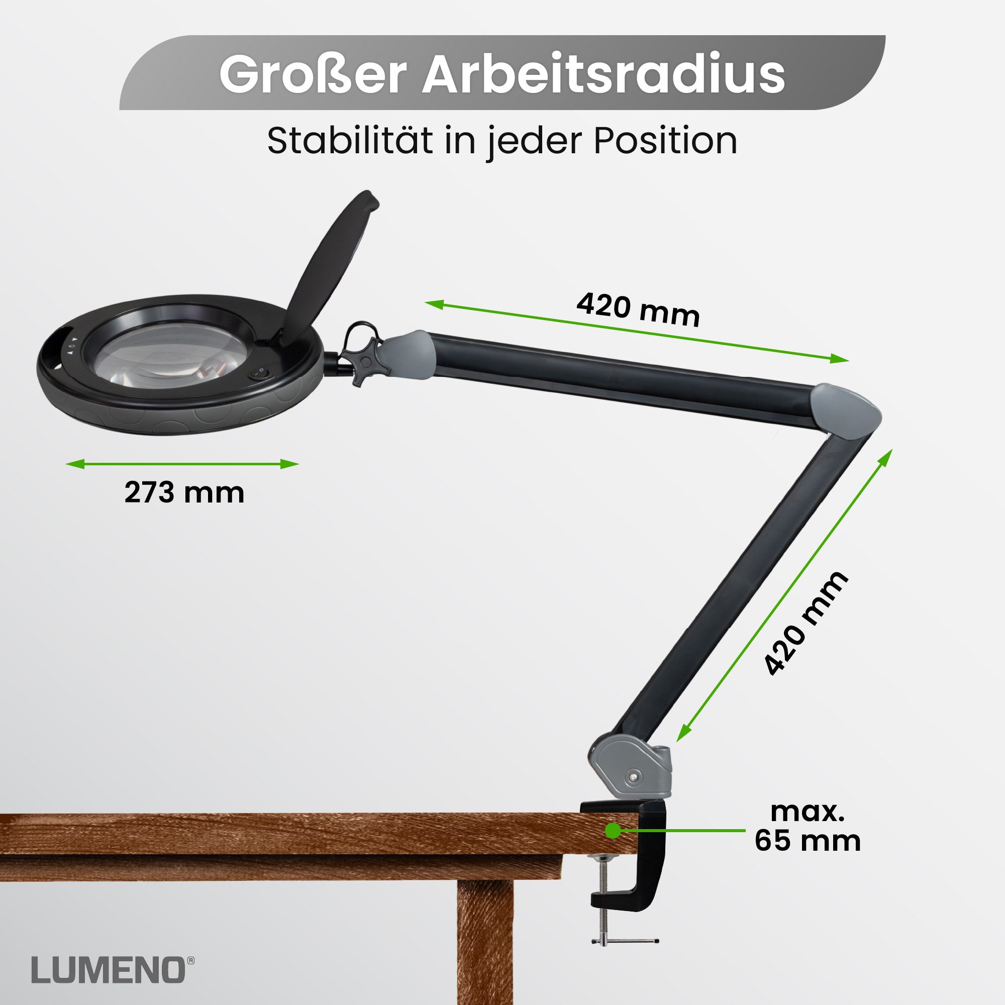 Lumeno Lupenlampe 851X dimmbare LED-Lupenleuchte, 152 mm kristallklare Linse, LED fest integriert, Kaltweiß, 6500 K