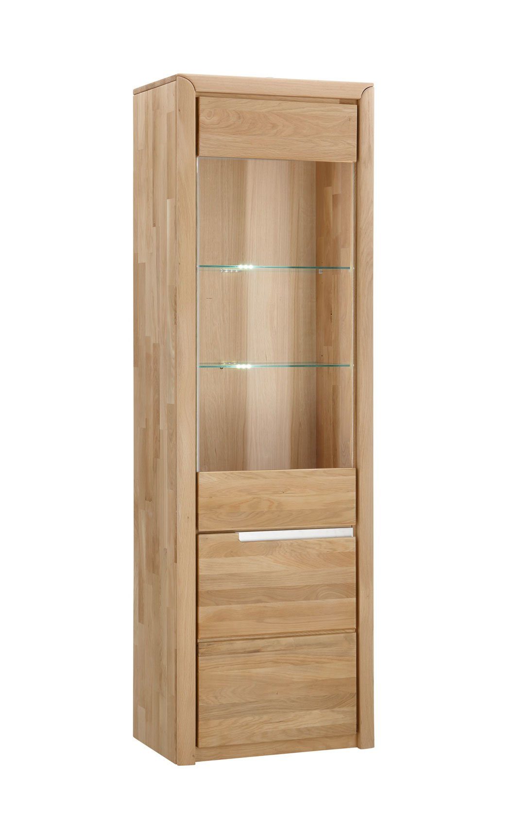 Pisa 46, bianco und (Spar-Set, montiert Eiche massiv mit 5-St), Softclose Glaskantenbeleuchtung Wohnzimmer-Set expendio