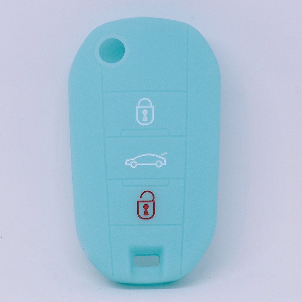 mt-key Schlüsseltasche Autoschlüssel Softcase Silikon Schutzhülle fluoreszierend Blau, für Citroen C4 Picasso Jumpy Flip Peugeot 3 Tasten Klappschlüssel