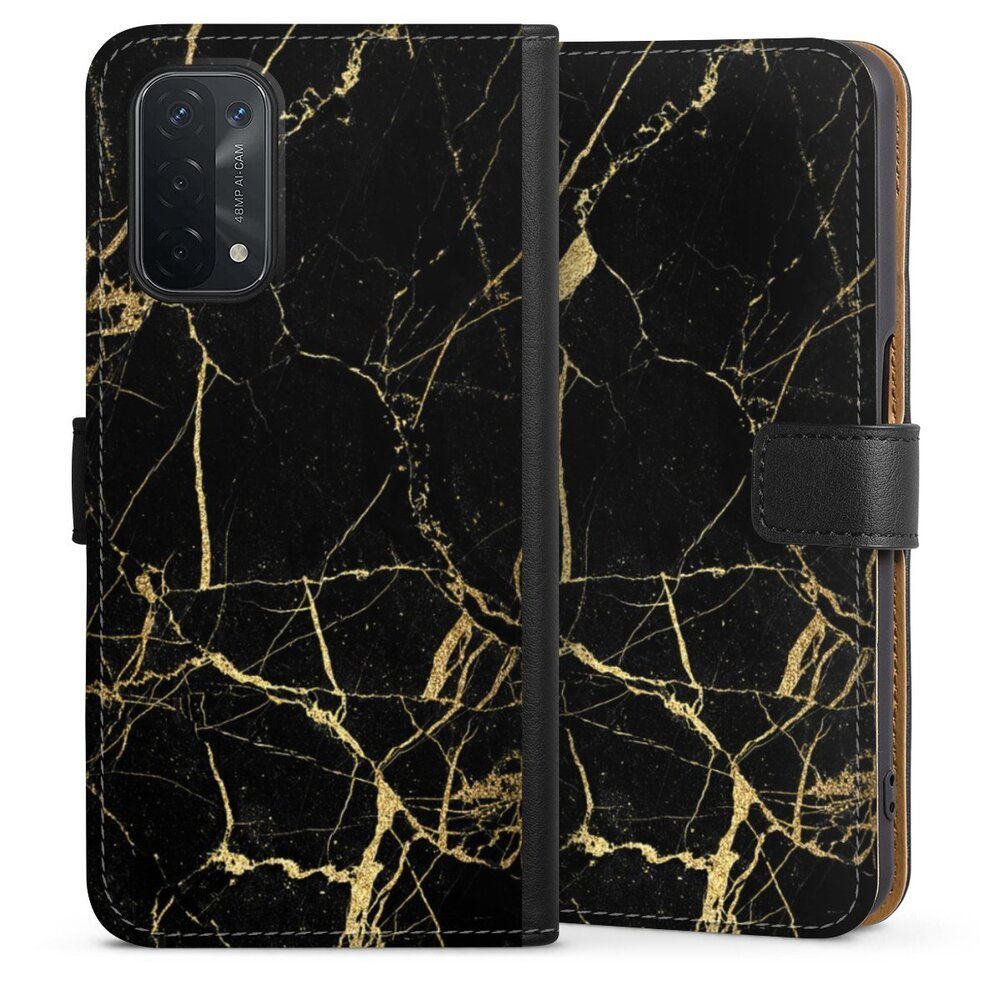 DeinDesign Handyhülle Marmor schwarz Muster BlackGoldMarble Look, Oppo A54 5G Hülle Handy Flip Case Wallet Cover Handytasche Leder