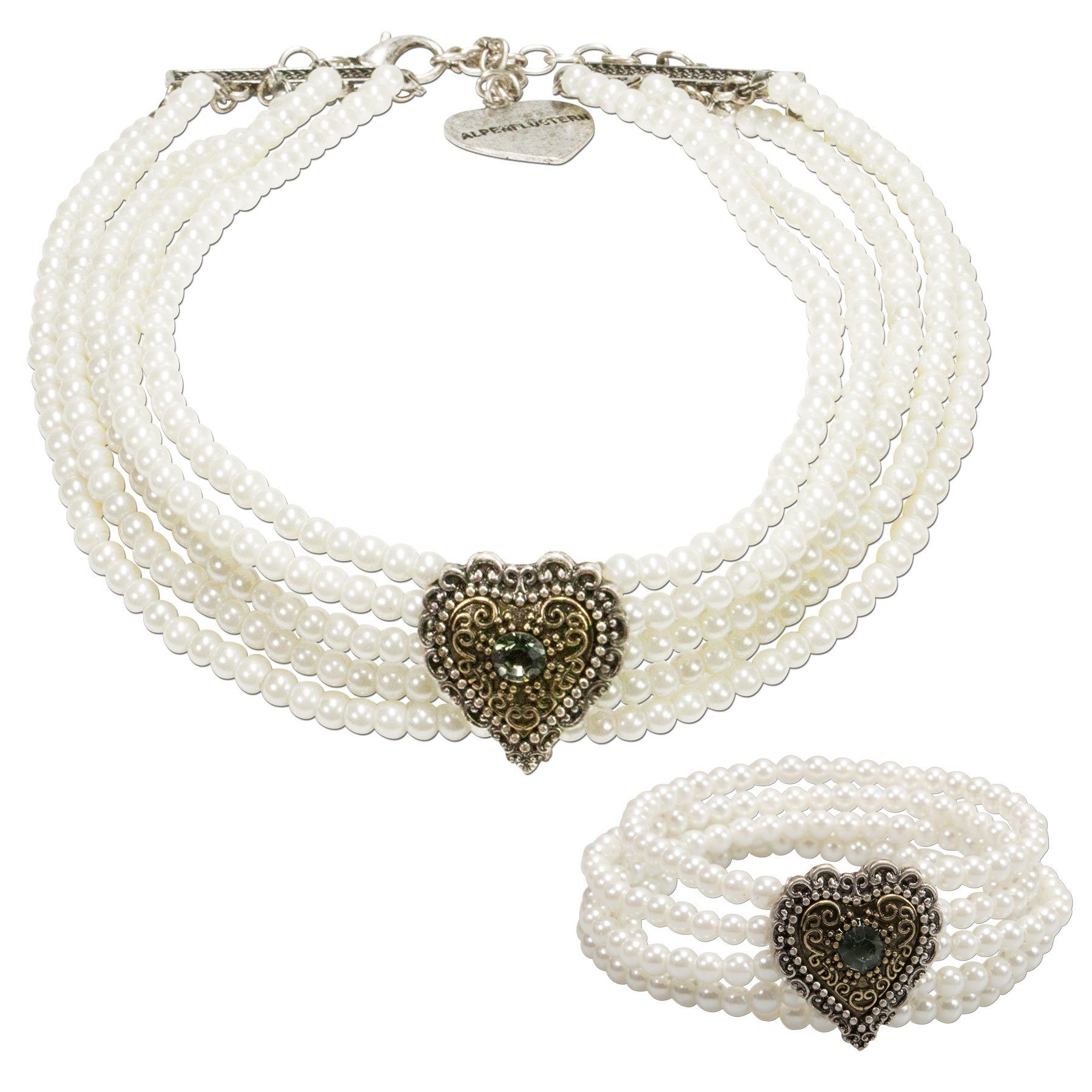 Ketten-Set Trachtenschmuck-Set Perlen-Trachtenkette und Trachten-Armband Margarethe (creme-weiß)