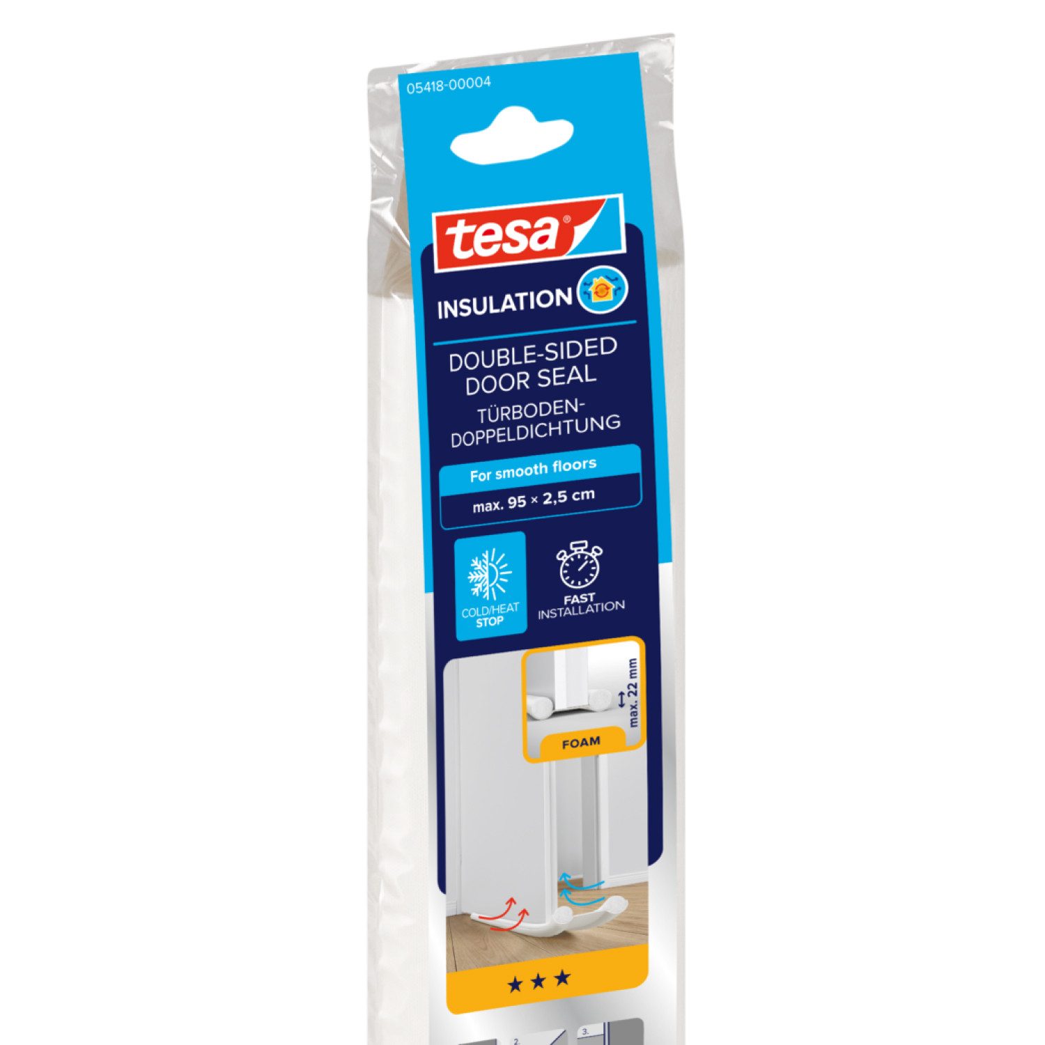 tesa Türbodendichtung INSULATION Zugluftstopper für glatte Böden, (Packung, 1-St., Türdichtung weiß - 95 cm x 25 mm, kürzbar), Zuschneidbare Türdichtung zum Schutz vor Zugluft