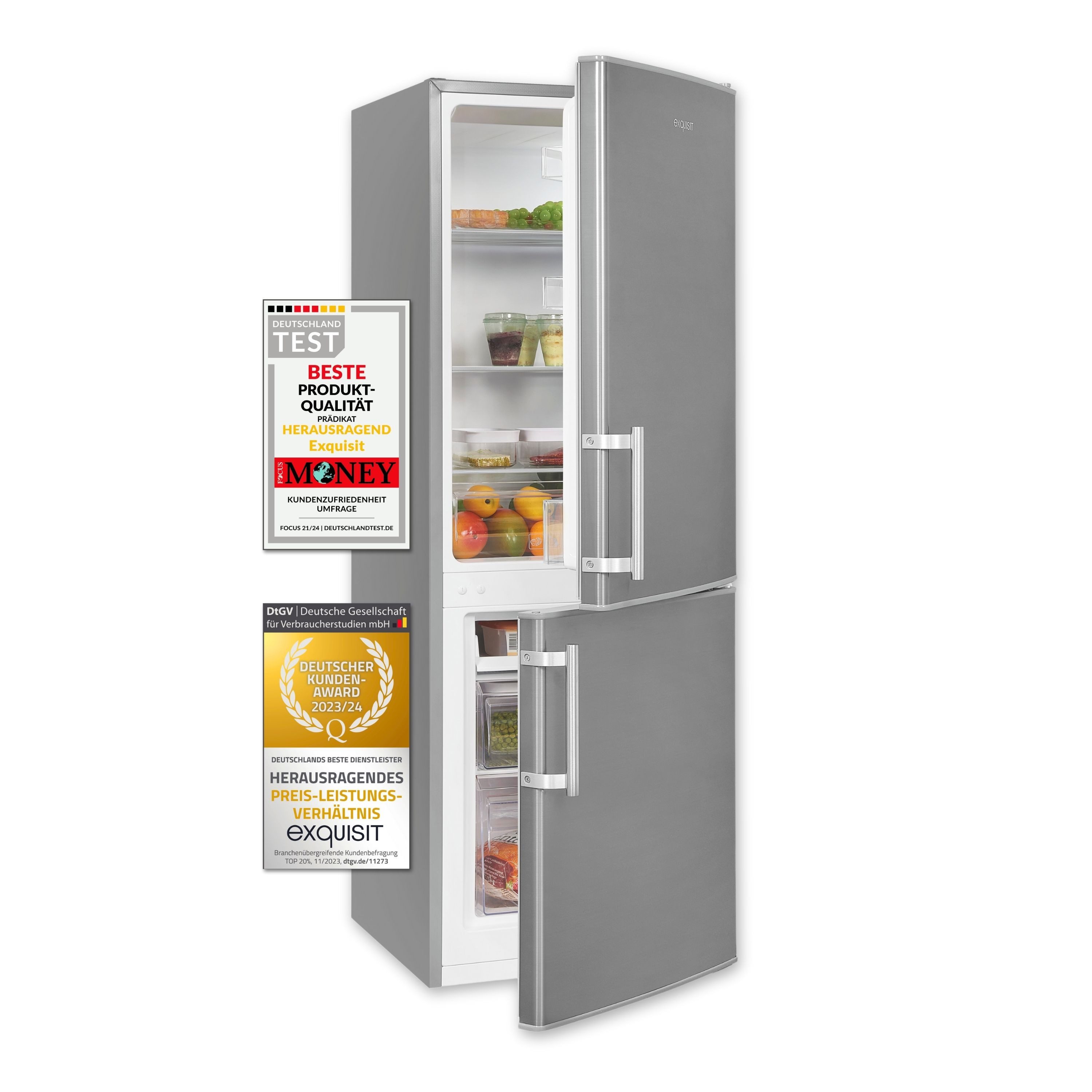 exquisit Kühl-/Gefrierkombination KGC5233-60-HE-040D, 142.5 cm hoch, 50 cm breit, 173 Liter, Alarm-Funktion, 4-Sterne-Gefrierfach, 3 Glasablagen