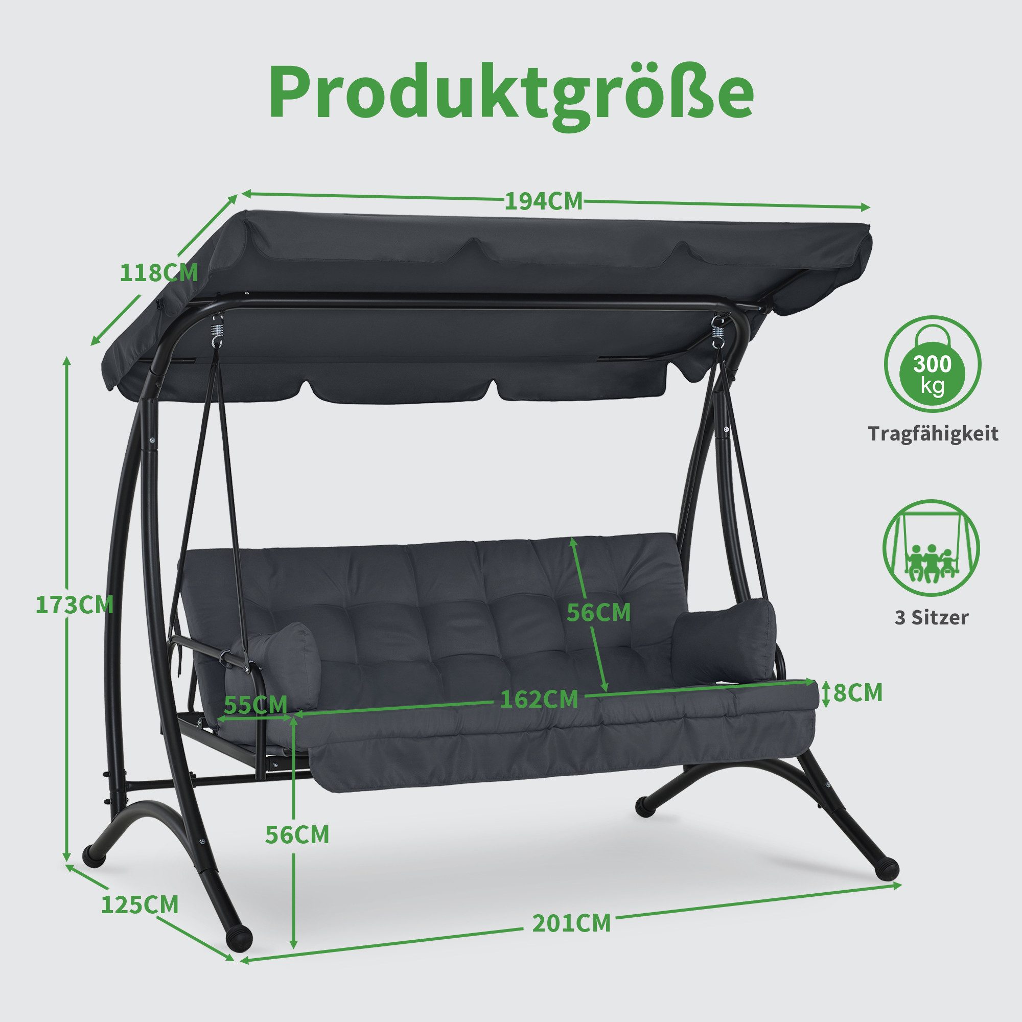 MCombo Hollywoodschaukel M MCombo 3-Sitzer Hollywoodschaukel 4095, 3-Sitzer, mit Liegefunktion, mit Extradickem Sitzkissen, bis 300kg Belastbar