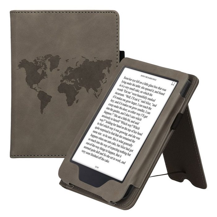 kwmobile E-Reader-Hülle Schutzhülle für Kobo Clara 2E / Tolino Shine 4 Handschlaufe - Cover Travel Umriss Design