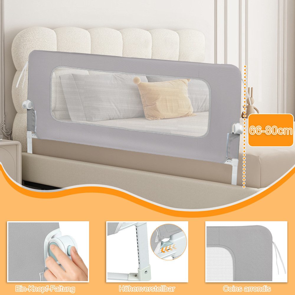 JEOBEST Bettschutzgitter Portable Bed Rail, Klappbares Bettgitter, Kinderbettgitter, (1St)150/180/200cm, Netzgewebe, Einfache Montage, Robuste Konstruktion
