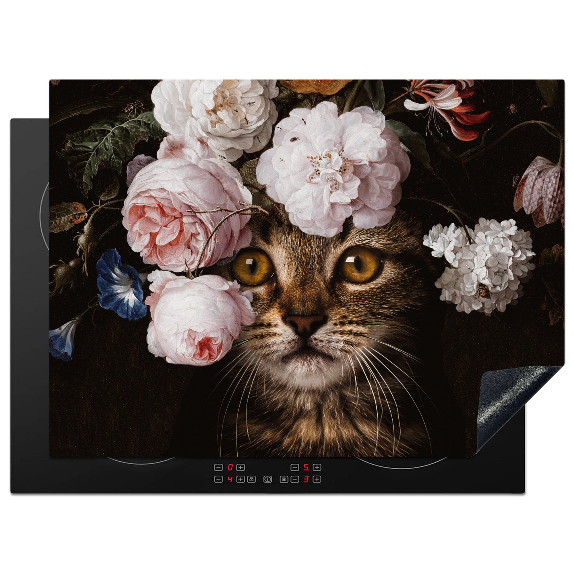 MuchoWow Herd-Abdeckplatte Katze - Blumen - Tierkopf, Vinyl, (1 tlg), Ceranfeldabdeckung Küche, Herdabdeckplatte Einteilig, 70x52 cm