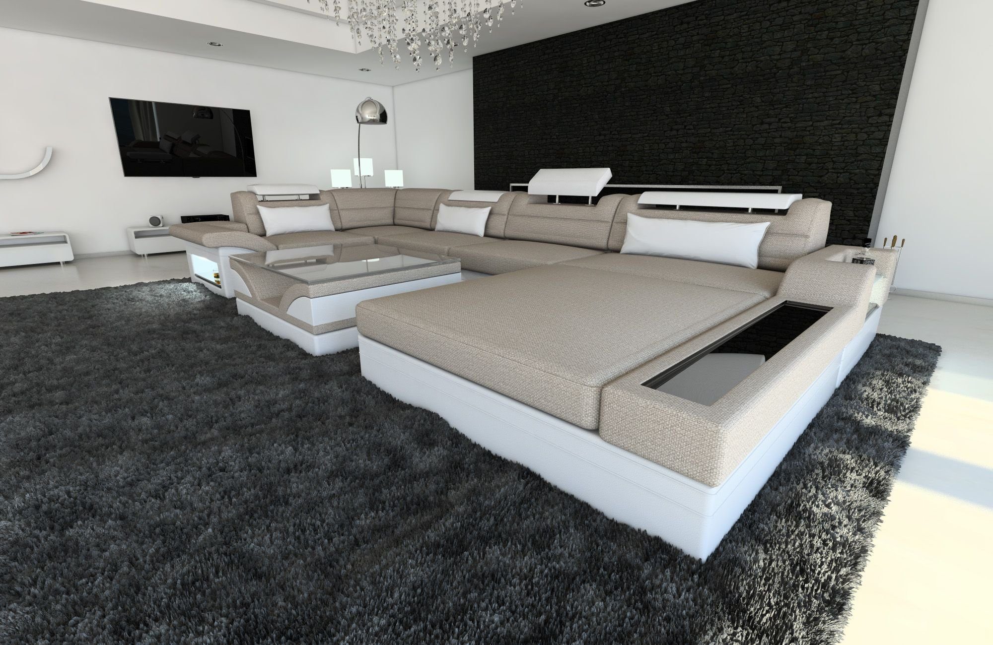 Sofa Dreams Wohnlandschaft Polster mit LED, als U Couch Form Sofa wahlweise Mezzo Bettfunktion Stoff Stoffsofa, Designersofa Schlafsofa, Warmgrau-Weiss H4 mit