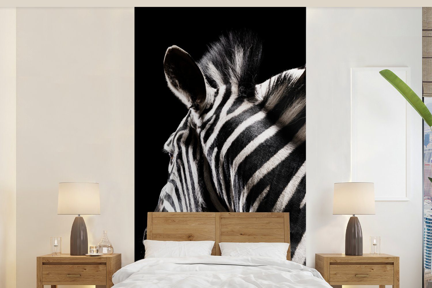 MuchoWow Fototapete Zebra - Tier - Schwarz - Porträt, Matt, bedruckt, (2 St), Vliestapete für Wohnzimmer Schlafzimmer Küche, Fototapete