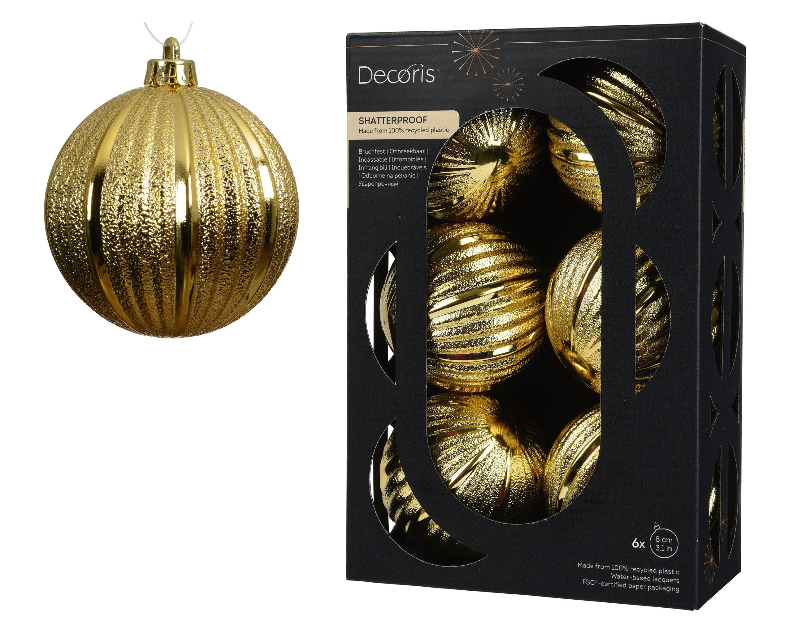 Kaemingk Weihnachtsbaumkugel, Weihnachtskugeln Kunststoff 8cm geriffelt 6 Stück - Hellgold
