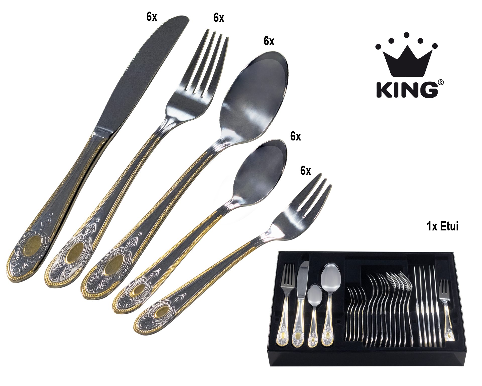 KING Besteck-Set »VIERAILLA GOLD« (31-tlg), 6 Personen, Edelstahl 18/0, mit Dekor in Gold-Optik, inkl. Etui
