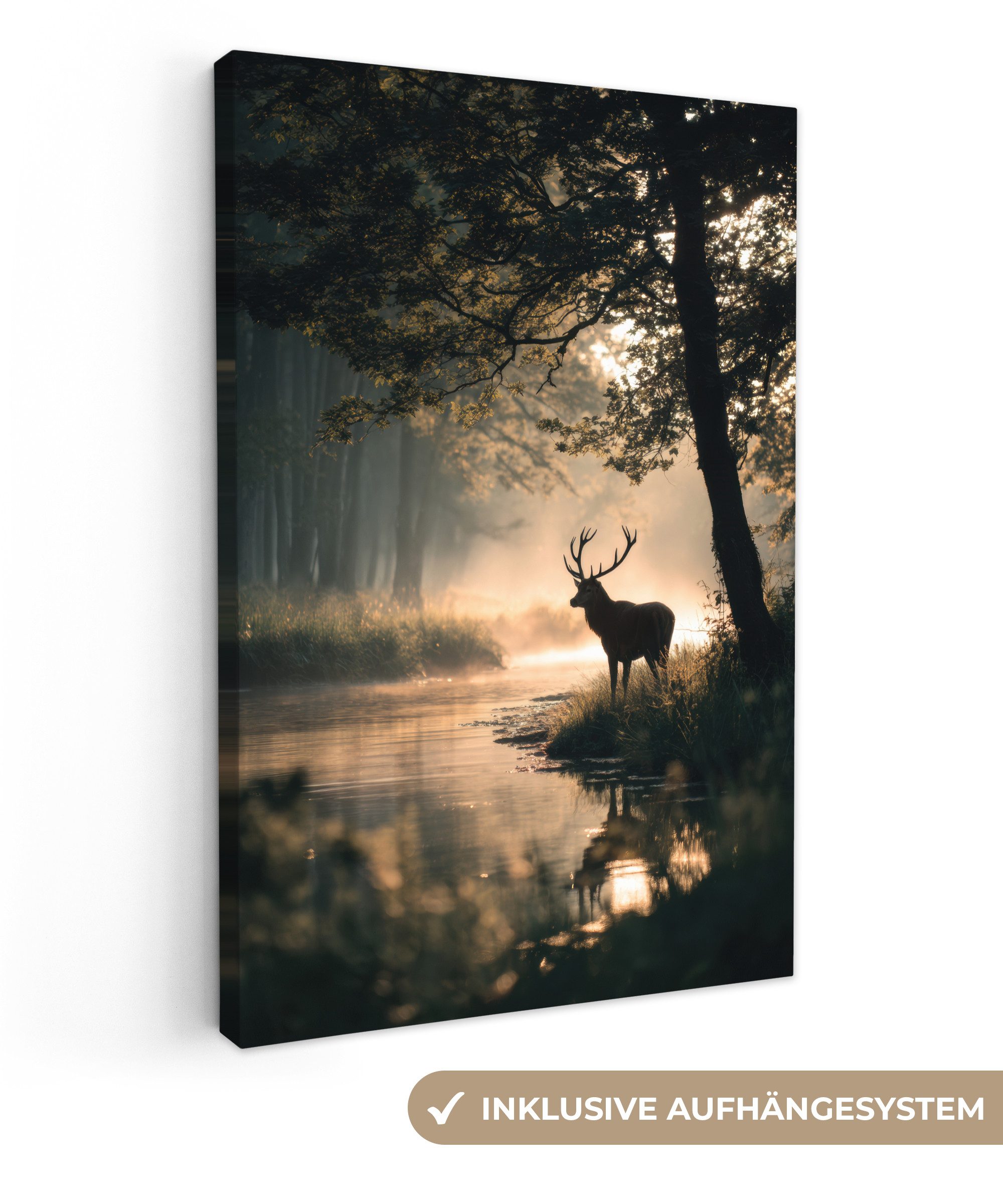 OneMillionCanvasses® Leinwandbild Hirsche - Waldbach - Mystisch, Fotodruck günstig online kaufen