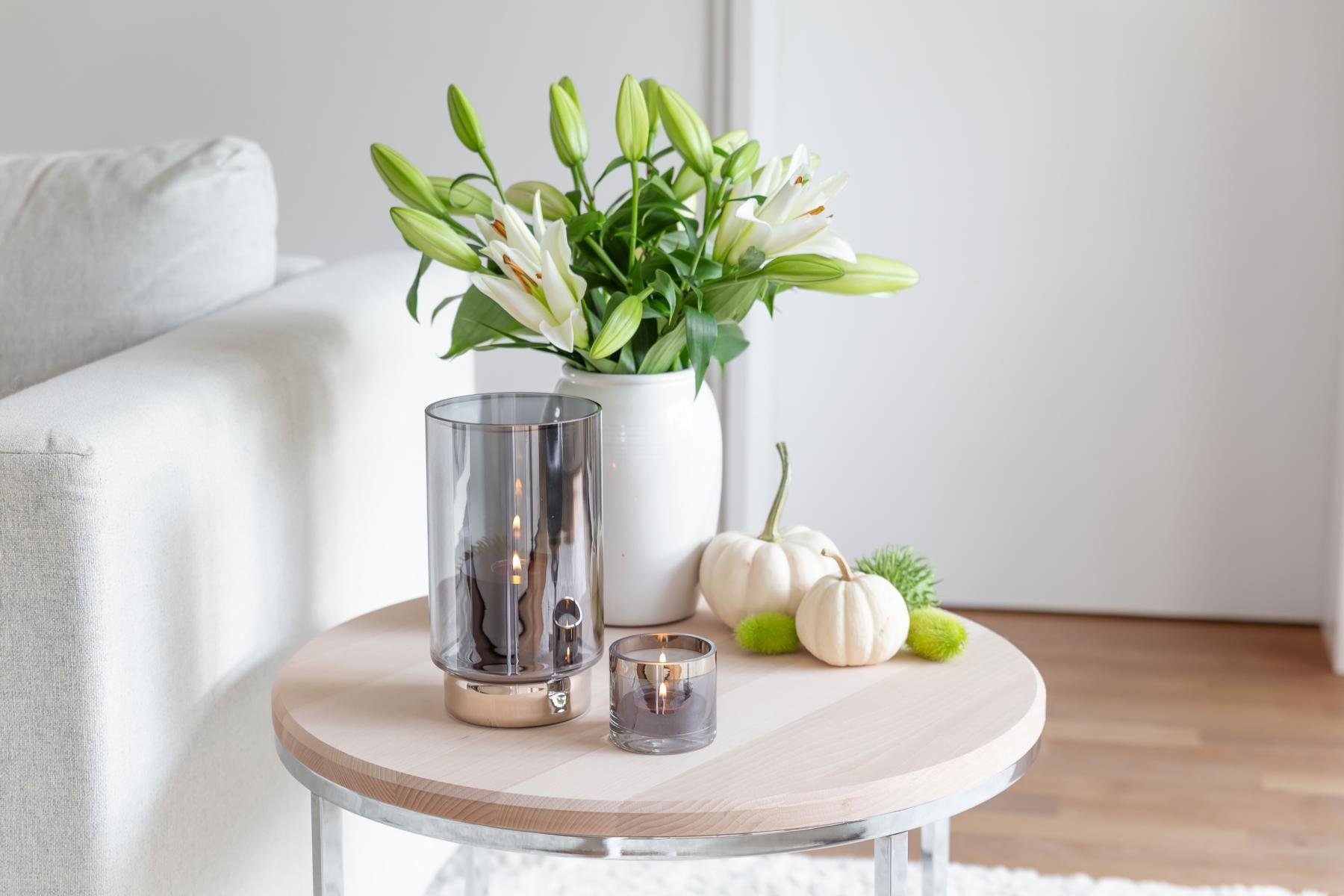 EDZARD Windlicht Isla, Rauchglas, dunkles Kristallglas mit Platinrand, H 21 cm, Ø 12 cm
