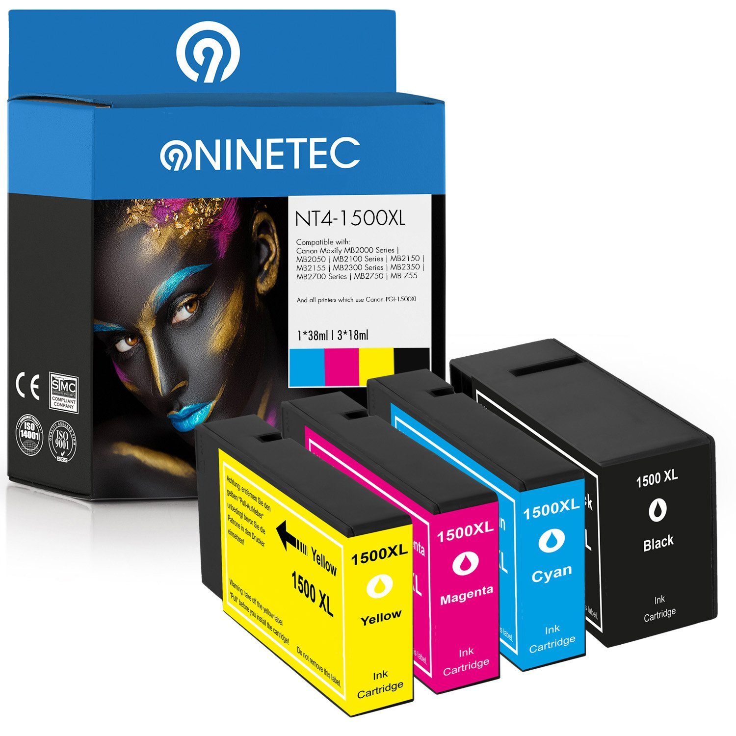 NINETEC 4er Set ersetzt Canon PGI-1500 PGI1500 Tintenpatrone