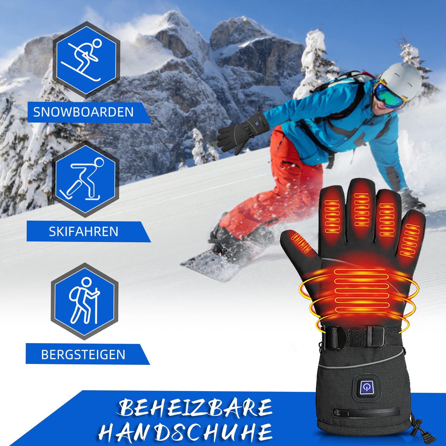 Tekoo Hitzeschutzhandschuhe Beheizbare Winterhandschuhe, wasserdicht, Touchscreen, 3 Heizstufen Beheizbar, Touchscreen, wasser- & winddicht, verstellbares Armband