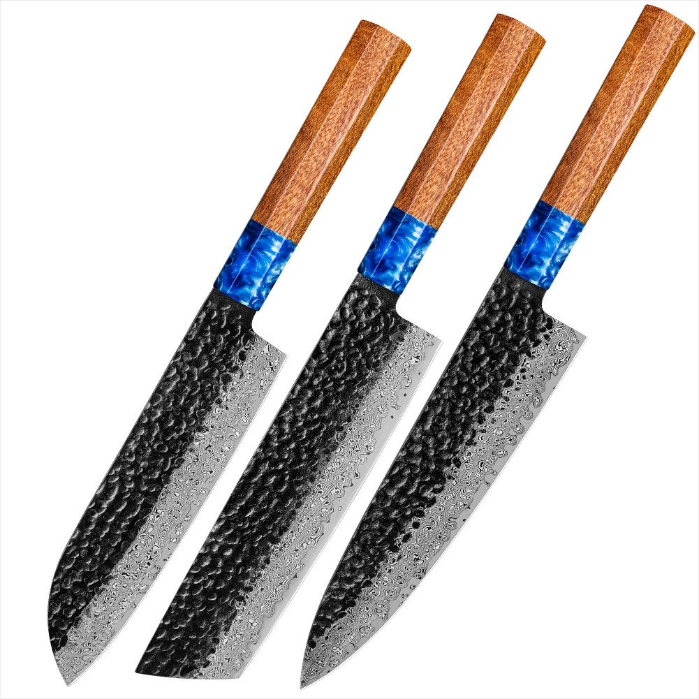 KingLux Messer-Set 3tlg.Damastmesser-set aus VG10 Damaststahl Chef Santoku Hackmesser (3-tlg)