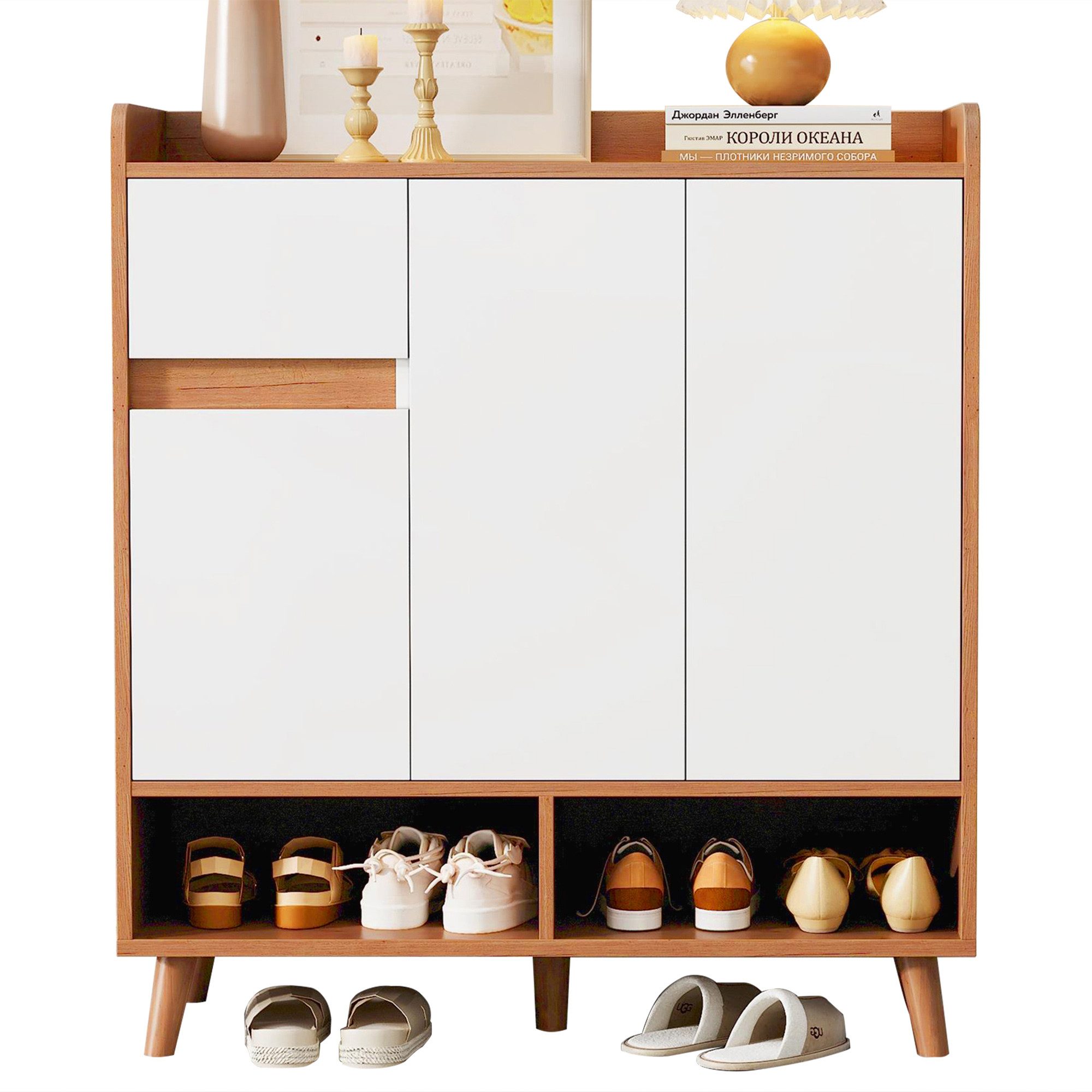 Refined Living Schuhschrank Kommode mit verstellbaren Einlegeböden, Sideboard mit Massivholzbeinen (Maße: H90 cm x B99 cm x T35 cm, Minimalistischer Home Organizer mit 5 Massivholzbeinen, stabil und langlebig, 1-St., Sicheres, abgerundetes Design, Aufbewahrung für Flur) Toller Stauraum,Griffloses Design mit einfachem Zugang, mehrzweckig
