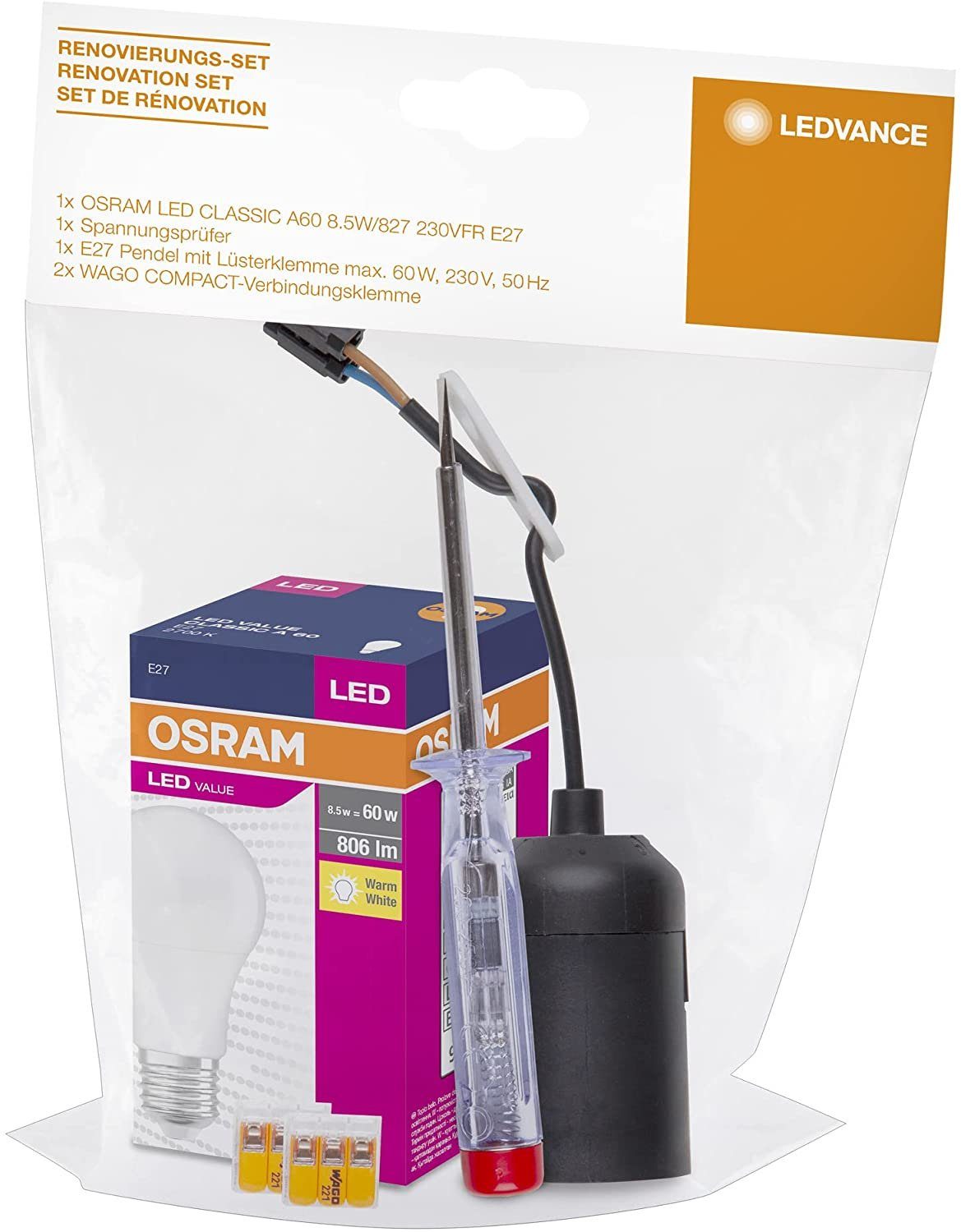 Ledvance Renovierungsset Renovierungsset Renovierungsleuchte Bauleuchte schnellInstallations, (Set, 5-tlg., Glühlampe von Osram, Stromprüfer Schraubenzieher, 2x WAGO Klemmen), enthält Osram E27 Leuchte