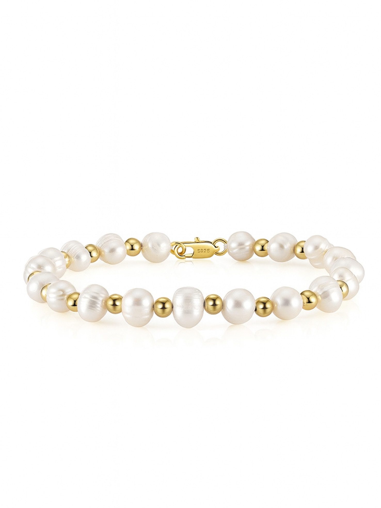 S&T Design Perlenarmband Damen 925 Silber vergoldet 20cm Unisex (Geschenkbox enthalten, Schmuck für Damen & Herren), Armband mit weißen Perlen 6mm & goldenen Kugeln 4mm