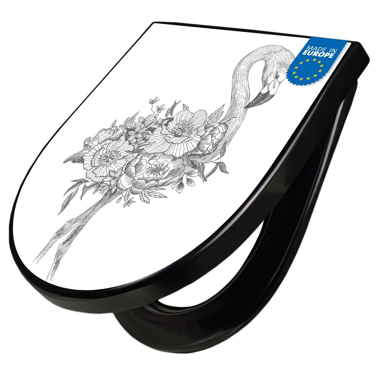 banjado WC-Sitz Premium D-Form mit Absenkautomatik Motiv Flamingo Blumen 2 (umweltfreundliches Material, Softclose Absenkautomatik), 45 x 36,4 x 4