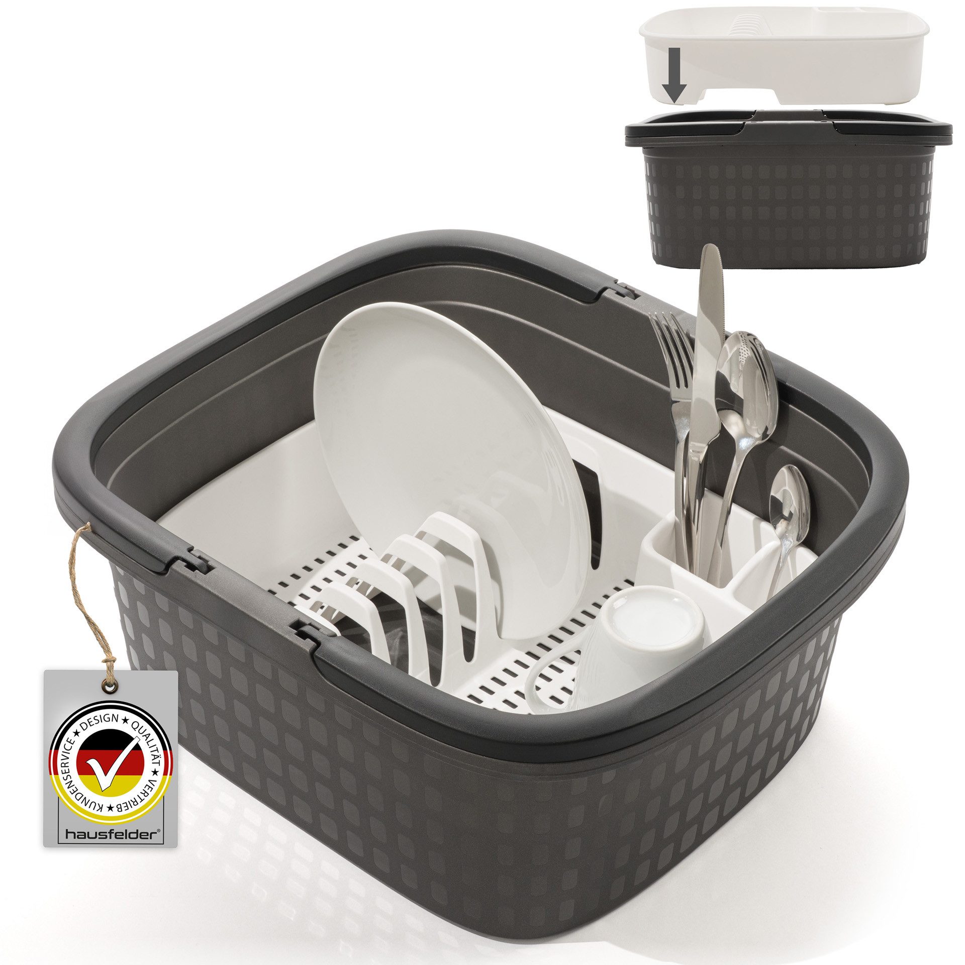 Hausfelder Kunststoffspüle Camping Spülset, 2teilig, Spülwanne Anthrazit + Abtropfgitter weiß, rechteckig, (2er Set, 2 St., WAnne + Abtropfgestell), ideal für unterwegs, robuste Wanne mit henkeln, Abtropfgestell