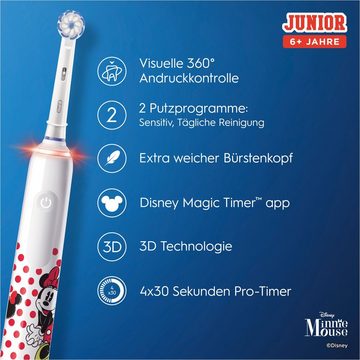 Oral-B Elektrische Zahnbürste Junior Minnie Mouse, Aufsteckbürsten: 2 St., für Kinder ab 6 Jahren, 2 Putzmodi