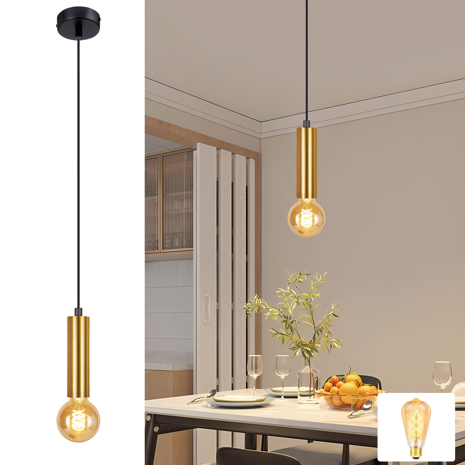 Nettlife Hängeleuchte Gold 1 Flammig Esszimmerlampe E27 Metall Industrial Pendelleuchte, Höhenverstellbar, mit Leuchtmittel, Bettlampe Nachttisch Hängend Küchenlampe für Schlafzimmer Flur