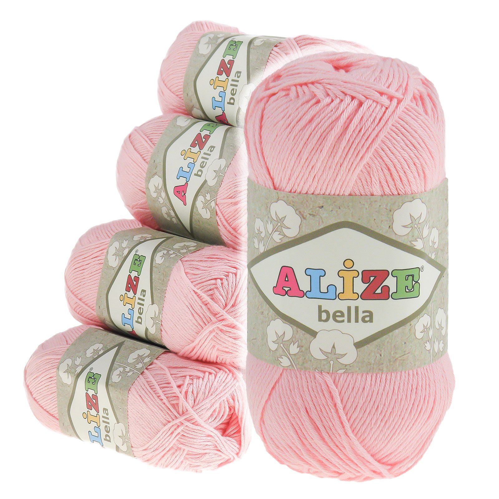 Alize 5 x 100g Alize Bella uni Baumwoll-Strickgarn Häkelgarn Sommerwolle Häkelwolle, 360 m, 32 baby rosa