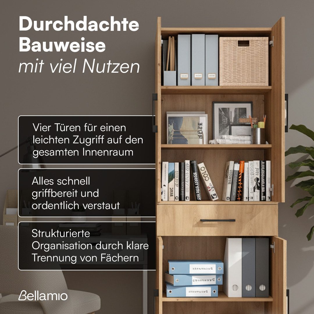 Bellamio Mehrzweckschrank Apol, Hochschrank aus Holz, Aufbewahrungsschrank (Eichenoptik) Aktenschrank mit 6 Fächern, inkl. 1 Schublade, robust & kratzfest – Bild 4 von 5