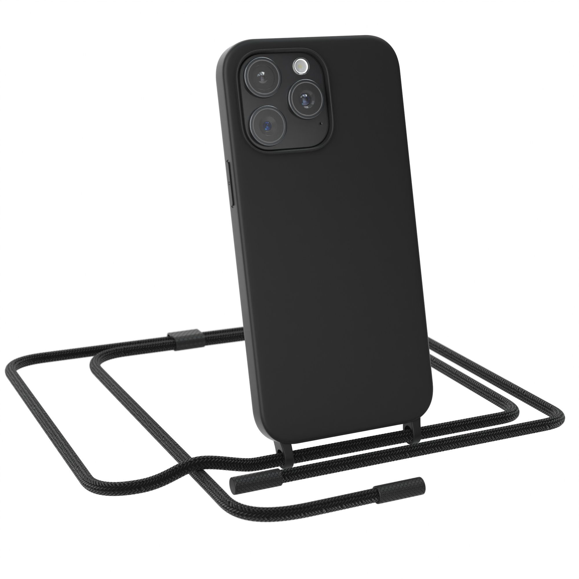 EAZY CASE Handykette Runde Kette für Apple iPhone 15 Pro Max 6,7 Zoll, Smartphonekette Cross Bag Silikonhülle Umhängetasche Necklace Schwarz