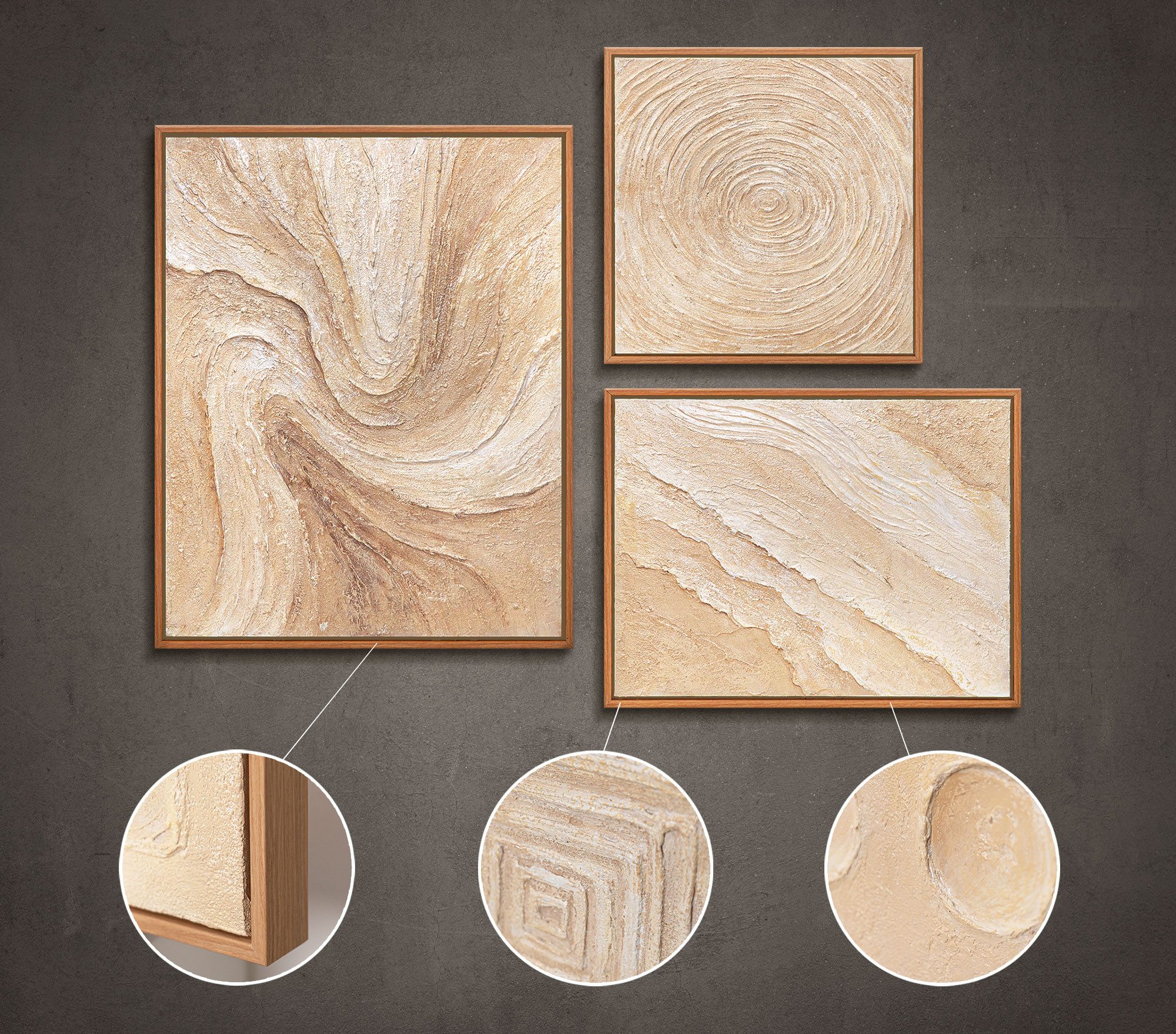YS-Art Gemälde "Spuren des Windes", Minimalistisch (Set, 3 St), Bilder set aus deutscher Kunstwerkstatt – elegante set für Wohnräume