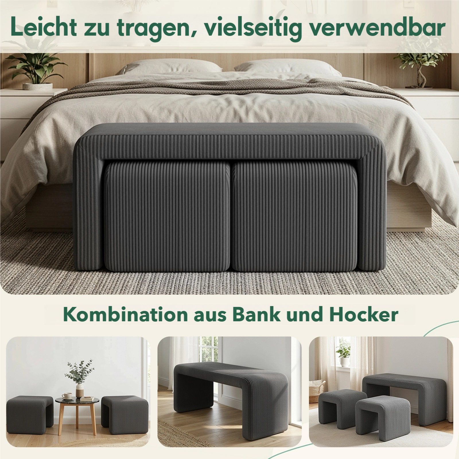 TLGREEN Sitzbank 103 cm × 44 cm × 43cm Polsterbank Set mit Fußhocker, (Doppelbank für 2 Personen,belastbar bis 136 kg,moderner Stoffbezug)