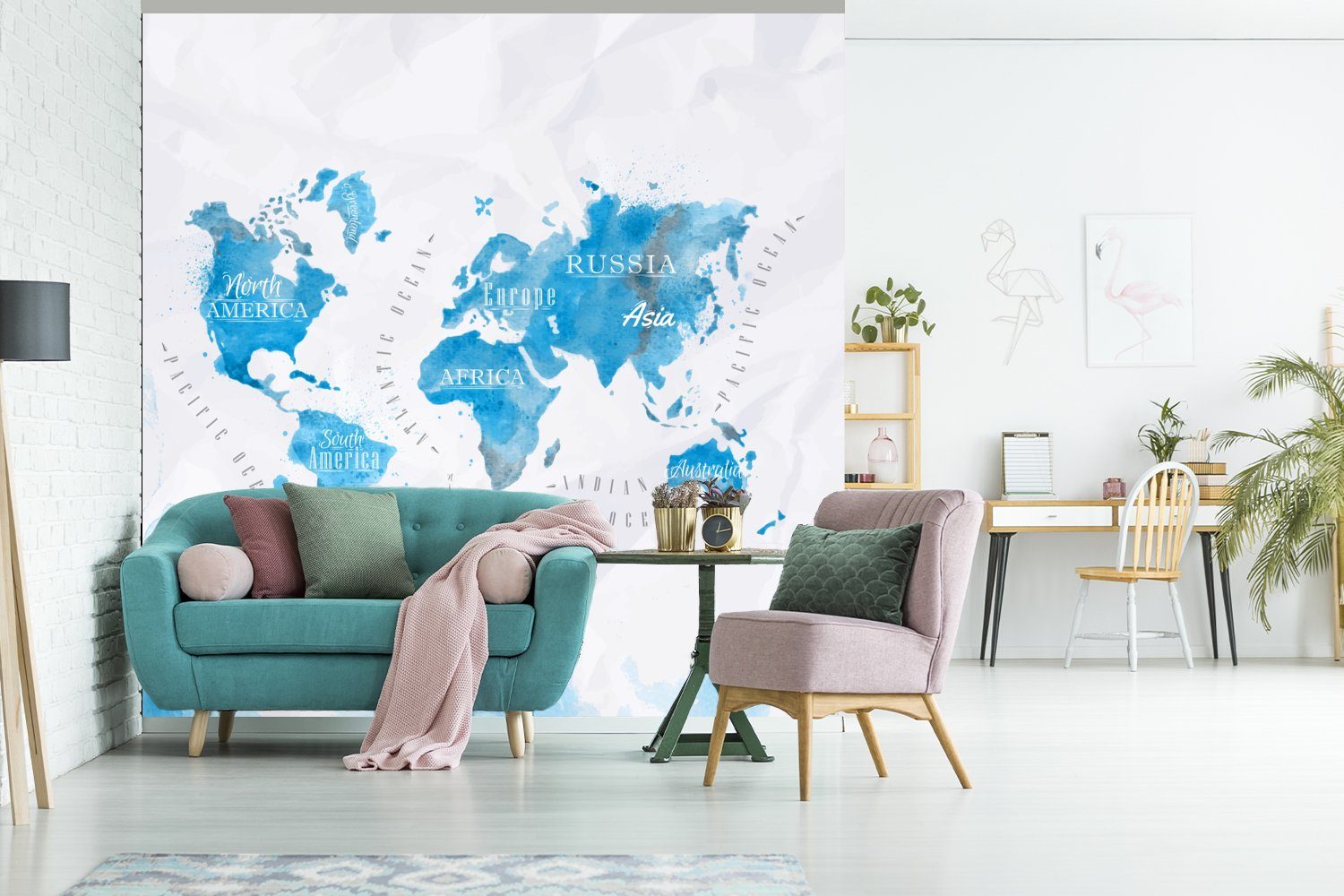 Wohnzimmer Küche, St), (4 Vliestapete Fototapete - Weltkarte für Schlafzimmer Aquarell bedruckt, Blau, MuchoWow Fototapete Matt, -