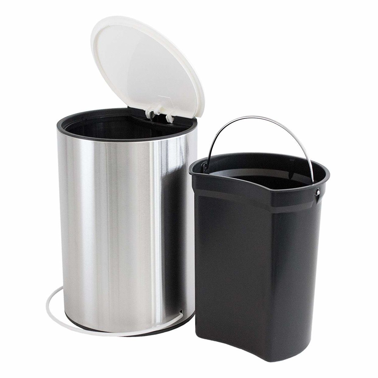 MSV Kosmetikeimer UNNA, Mülleimer mit Tretbügel, herausnehmbarer Innenbehälter, rostfreier Edelstahl, für Bad, Küche, Büro, Hauswirtschaftsraum, elegante Matt Optik silberfarben, Deckel weiß, 5 L