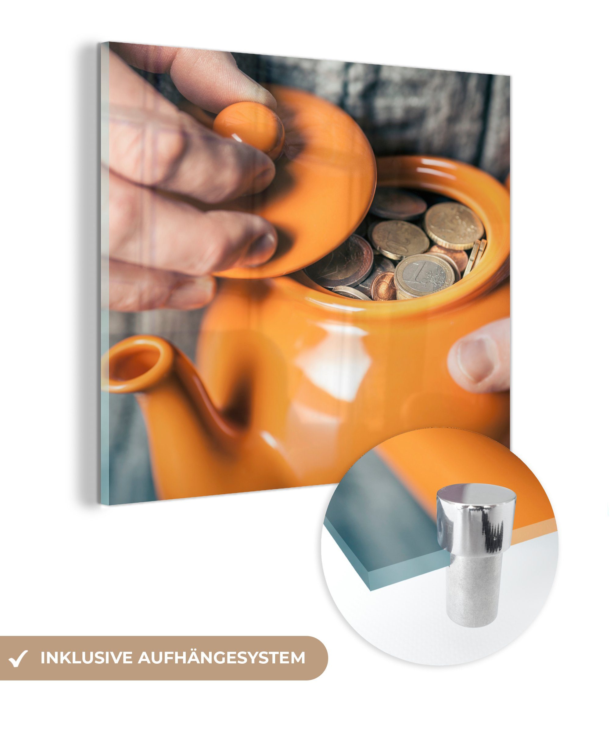 MuchoWow Acrylglasbild Orangefarbene Teekanne gefüllt mit Münzen, (1 St), Glasbilder - Bilder auf Glas Wandbild - Foto auf Glas - Wanddekoration