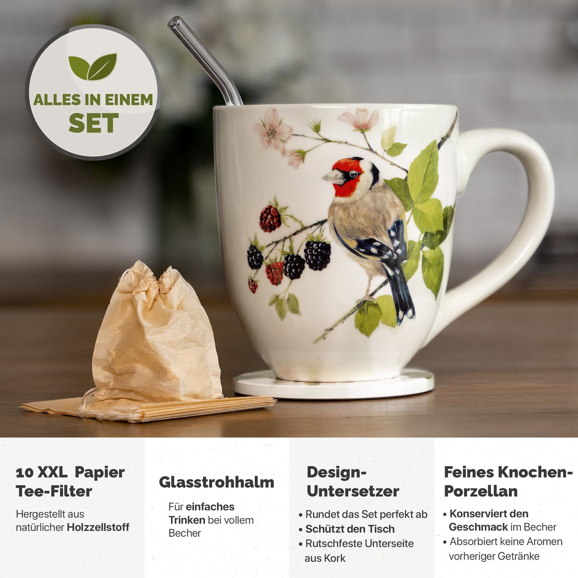 4-teiliges Tasse Yang Porzellan, Große hochwertiges Motiv mit Teeset Teetasse, Vogel Chai mit XXL 900ml Jumbotasse Fassungsvermögen,